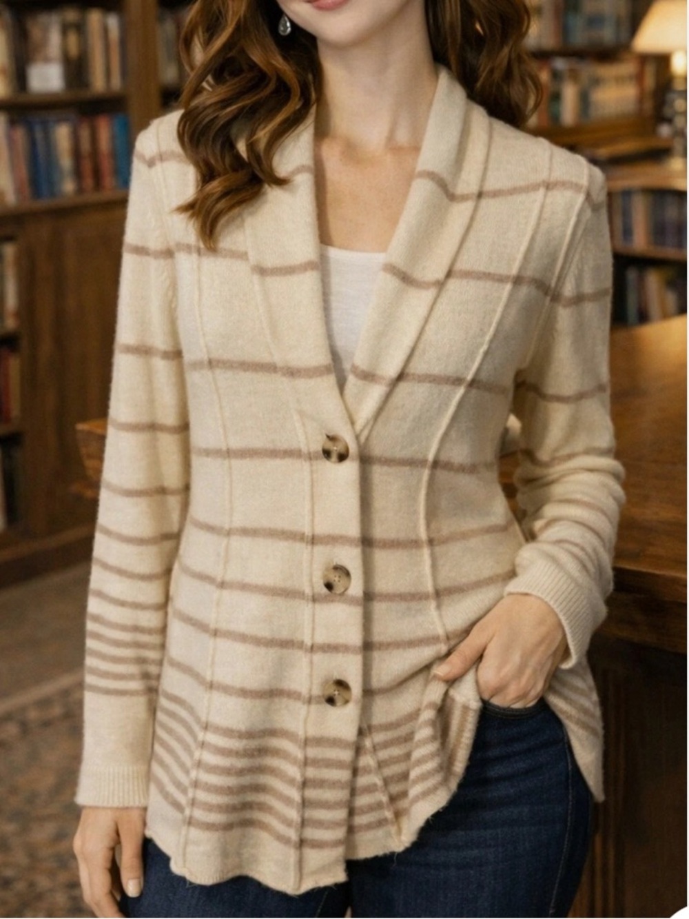 Banana Republic Cardigan XS Cream Taupe Stripe Lambswool Cashmere Shawl  Sweater